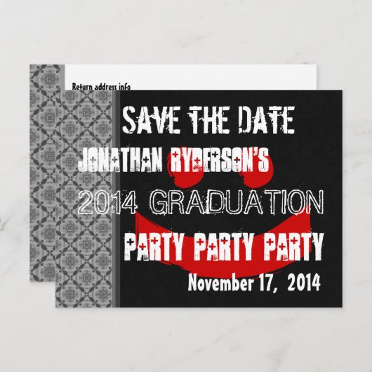 Modern Save the Date Graduation Party Rood Zwart V Aankondigingskaart (Voorkant / Achterkant)