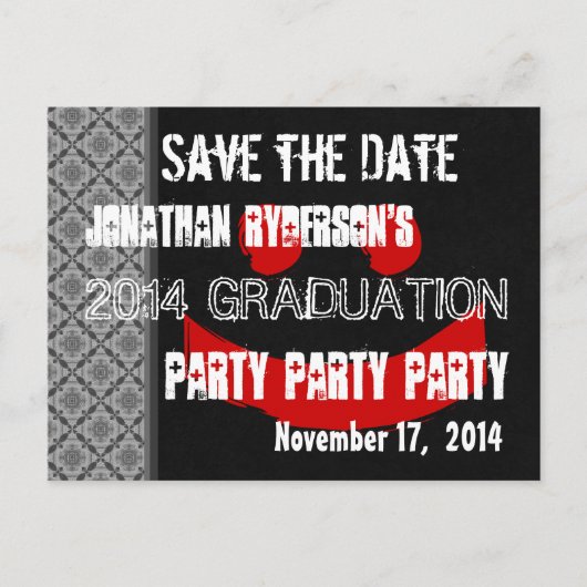 Modern Save the Date Graduation Party Rood Zwart V Aankondigingskaart (Voorkant)
