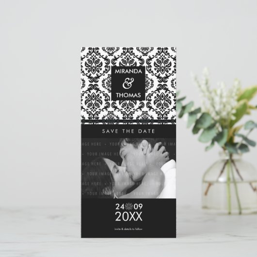 MODERN SAVE THE DATE KAART :: damask kleuren 10 (Staand voorkant)
