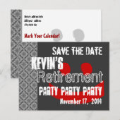 Modern Save the Date Pensioenfeest grijs rood Aankondigingskaart (Voorkant / Achterkant)
