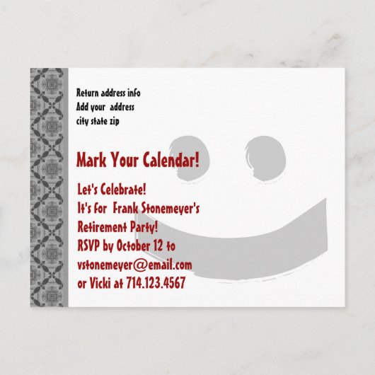 Modern Save the Date Pensioenfeest grijs rood Aankondigingskaart (Achterkant)