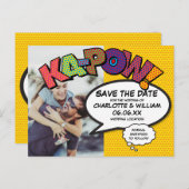 Modern Save the Date Photo Comic Book KAPOW Aankondigingskaart (Voorkant / Achterkant)