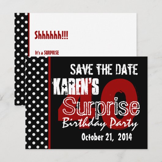 Modern Save the Date Surprise 40e Zwart Rood v49 Aankondigingskaart (Voorkant / Achterkant)