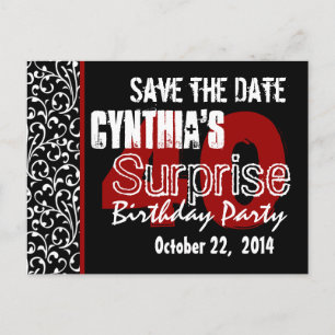 Modern Save the Date Surprise 40th Black Red v51 Aankondigingskaart