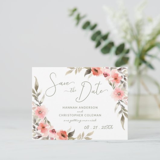 Modern Save the Date Waterverf Blush Roos Krans Briefkaart (Staand voorkant)