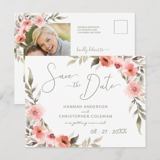 Modern Save the Date Waterverf Blush Roos Krans Briefkaart (Voorkant / Achterkant)