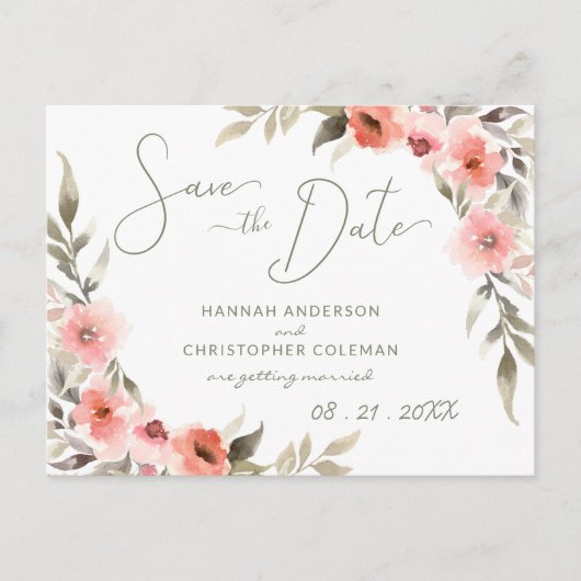 Modern Save the Date Waterverf Blush Roos Krans Briefkaart (Voorkant)