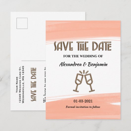 Modern Save The Date Waterverf Koraal Briefkaart (Voorkant / Achterkant)