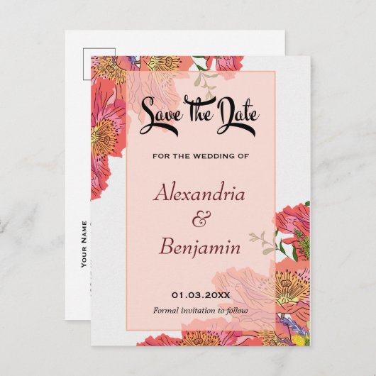 Modern Save The Date Waterverf Koraal Briefkaart (Voorkant / Achterkant)