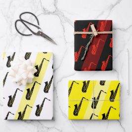 Modern Saxophone Pattern Jazz Black White Saxo Inpakpapier Vel