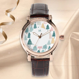 Modern Scandi Christmas Tree Pattern Monogram Horloge