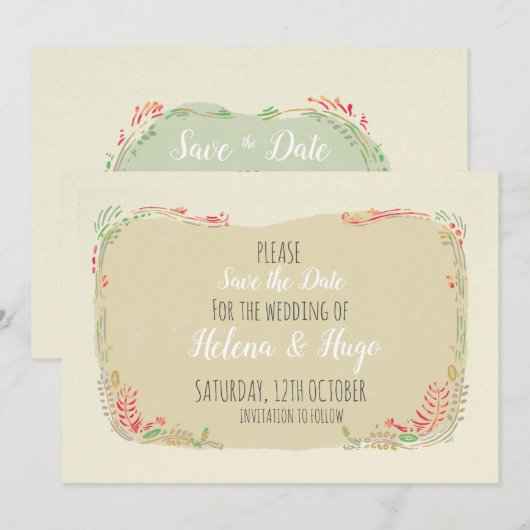 Modern scandi floral wreath Wedding Save The Date (Voorkant / Achterkant)