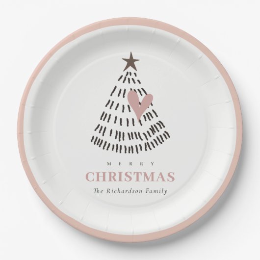 Modern Scandi Minimal Blush Heart Christmas Tree Papieren Bordje (Voorkant)