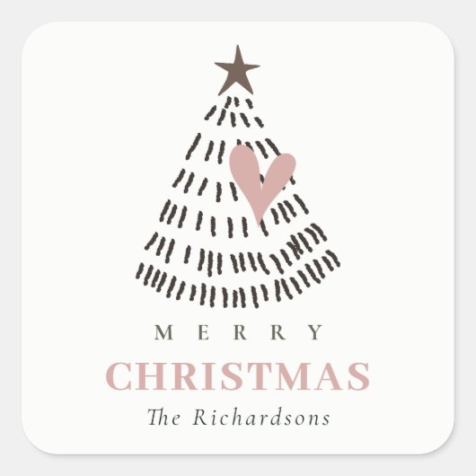 Modern Scandi Minimal Blush Heart Christmas Tree Vierkante Sticker (Voorkant)