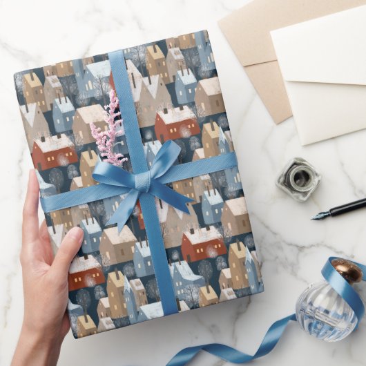 Modern Scandi Winter Town Houses Pattern Blue Red Cadeaupapier (Geschenken)