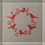 Modern Scandinavian Bird and Rosehip Wreath Tegeltje<br><div class="desc">Scandinavische vogel en roos heup met papercut-stijl. Festief rood op een neutrale achtergrond, </div>