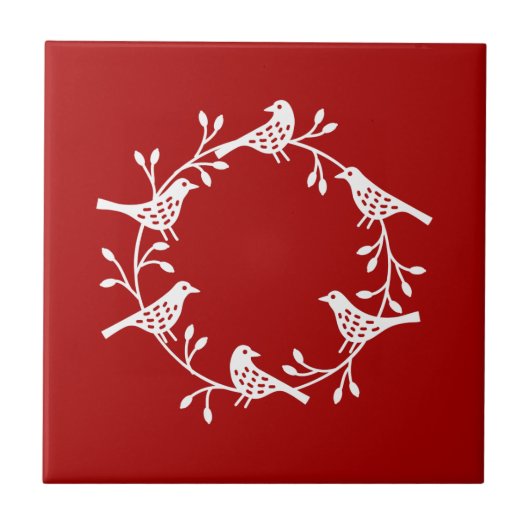 Modern Scandinavian Bird and Rosehip Wreath Tegeltje (Voorkant)