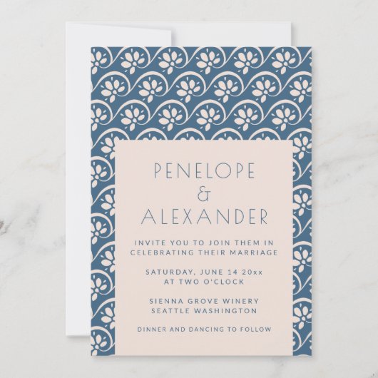Modern Scandinavian Blue Floral Wedding Invitation Kaart (Voorkant)