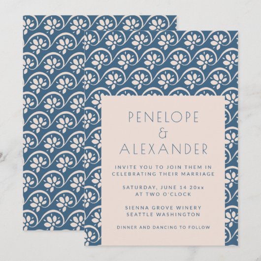 Modern Scandinavian Blue Floral Wedding Invitation Kaart (Voorkant / Achterkant)