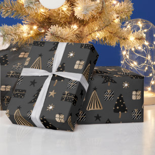 Modern Scandinavisch Kerstpatroon Zwart Goud Cadeaupapier
