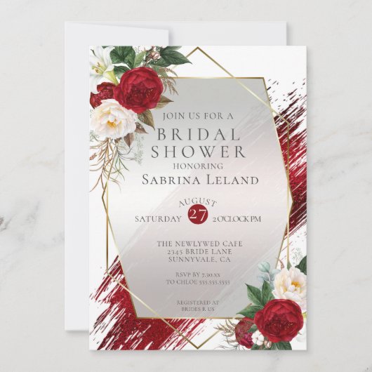 Modern Scarlet Peonies en Crimson Paint Stroke Kaart (Voorkant)