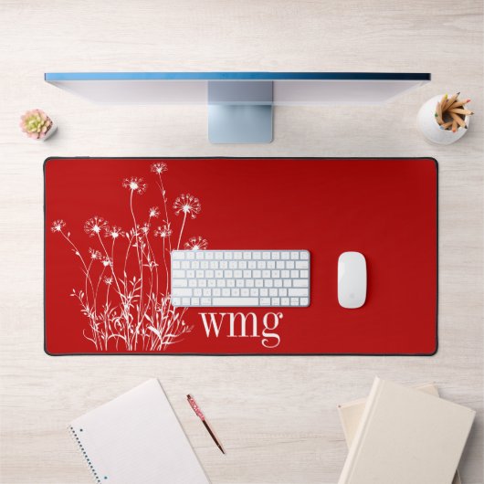 Modern Scarlet Rood & Wit Wildflower Monogram Bureaumat (Kantoor 1)