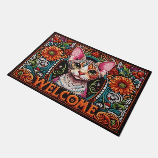 Modern Schattig Devon Rex Cat Vibrant Welkom Deurmat (Schuin)