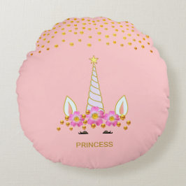 Modern, Schattig Eenhoorn, Bloemen & Gouden Confet Rond Kussen