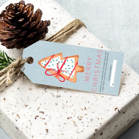 Modern schattig gemberbrood Kerstboom blauwe sneeu Cadeaulabel