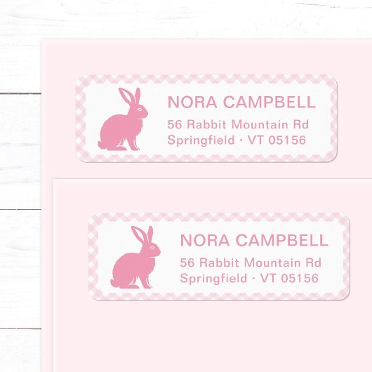 Modern Schattige Baby Pink Bunny Gingham Retouradr Etiket