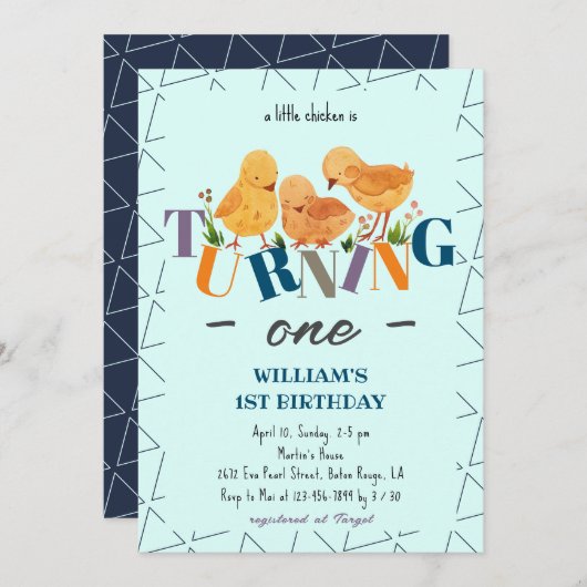 Modern Schattige Chicken Family Boy 1e Verjaardag Kaart (Voorkant / Achterkant)