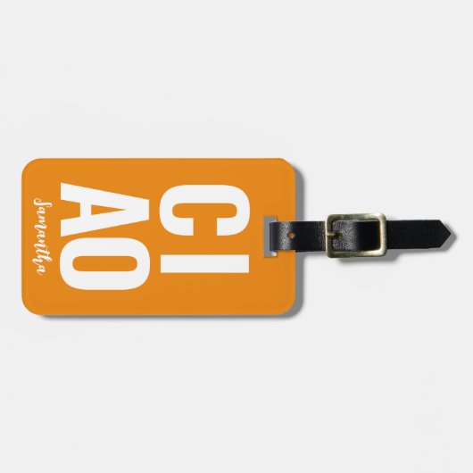 Modern Schattige Funny Bold Ciao Neon Sinaasappel Bagagelabel (Voorkant horizontaal)