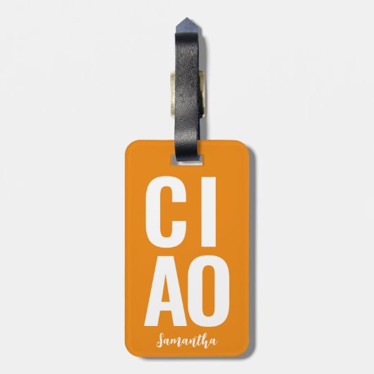 Modern Schattige Funny Bold Ciao Neon Sinaasappel Bagagelabel (Achterkant verticaal)