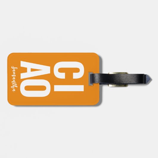 Modern Schattige Funny Bold Ciao Neon Sinaasappel Bagagelabel (Achterkant horizontaal)