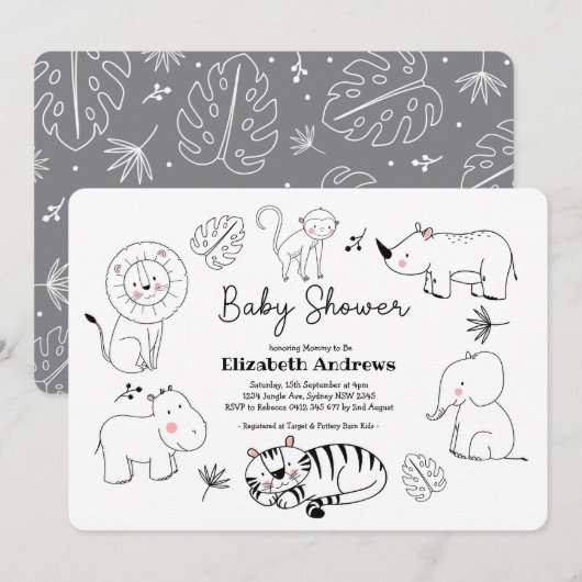 Modern Schattige Oerwoud Safari Dieren Baby shower Kaart (Voorkant / Achterkant)