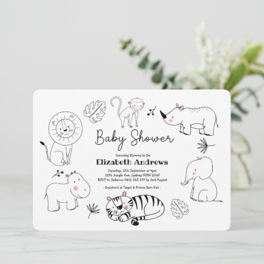 Modern Schattige Oerwoud Safari Dieren Baby shower Kaart (Staand voorkant)