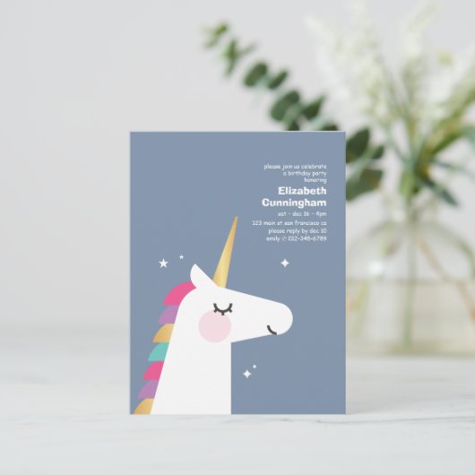 Modern Schattige Rainbow Unicorn Verjaardagsfeest Uitnodiging Briefkaart (Staand voorkant)