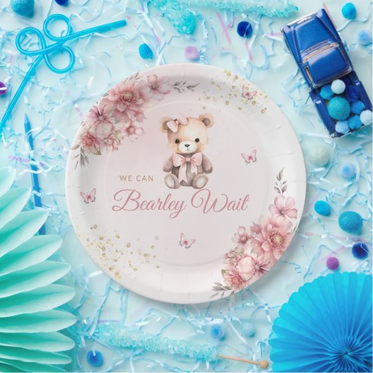Modern Schattige Roze Boho Teddy Bear Meisje Baby  Papieren Bordje (Feest)