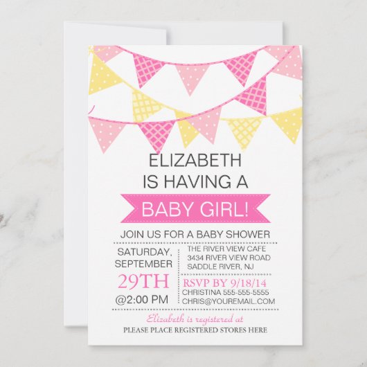 Modern Schattige Roze Bunting MEISJES Baby shower Kaart (Voorkant)