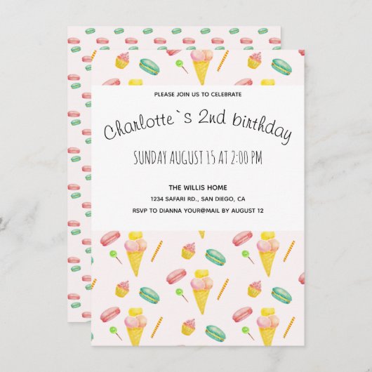 Modern Schattige Zomer Snoep Party Waterverf Patro Aankondiging (Voorkant / Achterkant)