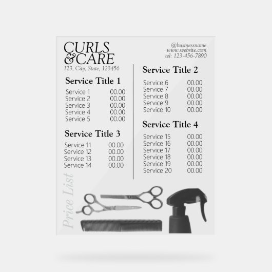 Modern Schoon Haar Salon Service Menu/Prijslijst Acryl Bord (Voorkant)
