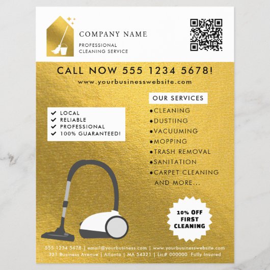 Modern Schoonmaak Schoonmaakdienst Logo Goud QR Co Flyer (Voorkant)