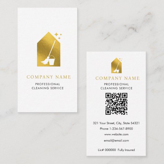 Modern Schoonmaakbedrijf Service Logo Goud QR Code Visitekaartje (Voorkant / Achterkant)