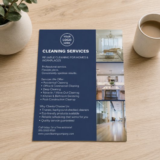 Modern Schoonmaakdiensten Foto Logo Marineblauw Flyer