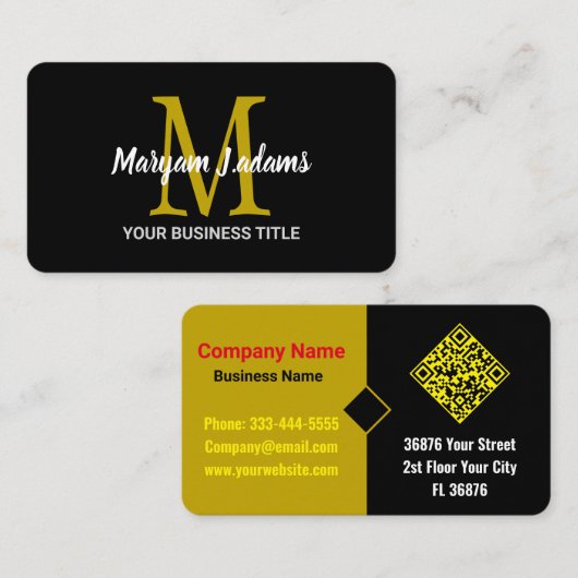 Modern Schrift Monogram (QR Code) Chic Zwart Goud Visitekaartje (Voorkant / Achterkant)