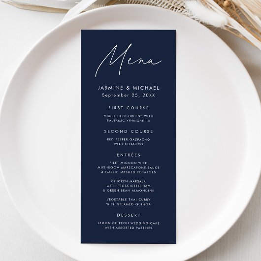 Modern Schrift Navy Bruiloft Menu