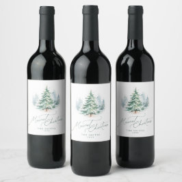 Modern Schrift Pijnboom Prettig Kerstfeest Wijn Etiket
