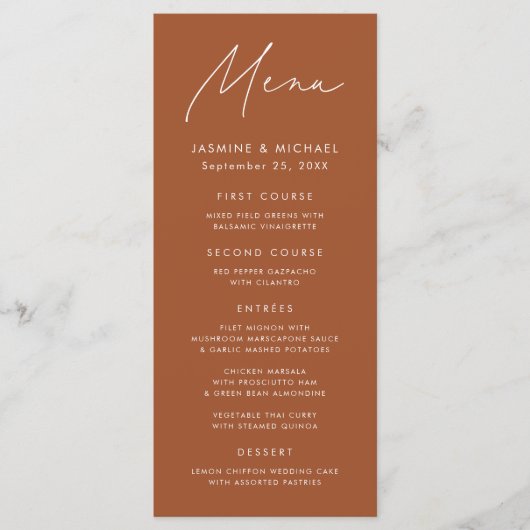 Modern Schrift Terracotta Bruiloft Menu (Voorkant)