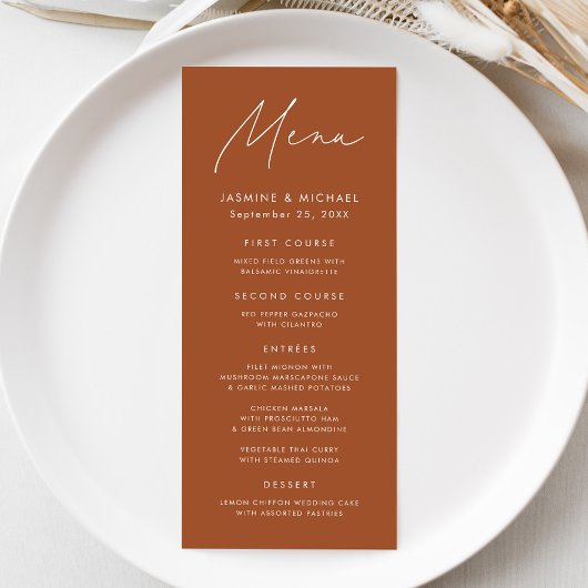 Modern Schrift Terracotta Bruiloft Menu