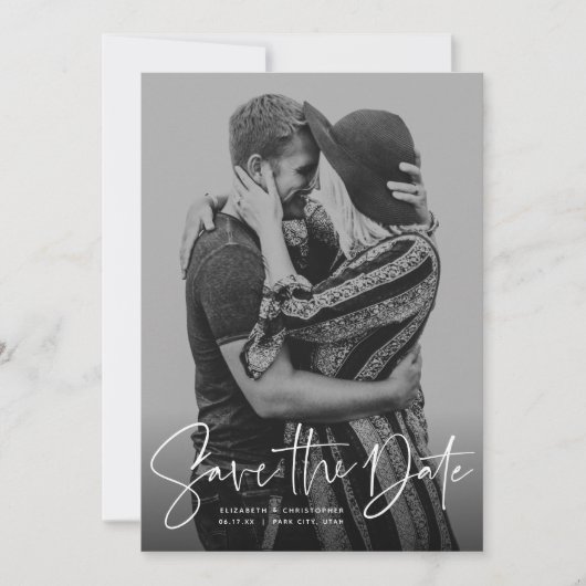 Modern schrift verticaal foto save the date (Voorkant)